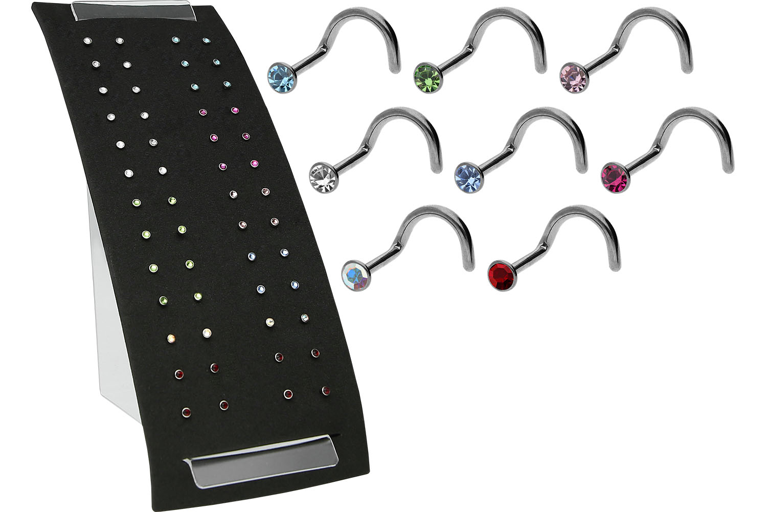 SET Titanium nose stud spiral FLAT CRYSTAL DISC - 52 pieces in a display