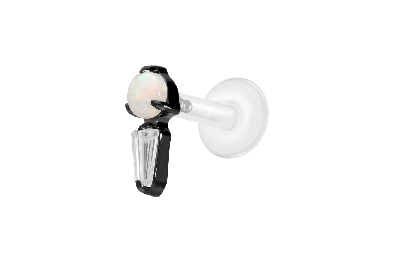 PTFE Labret mit Innengewinde + Titan-Aufsatz SYNTHETISCHER OPAL + KRISTALLRECHTECK