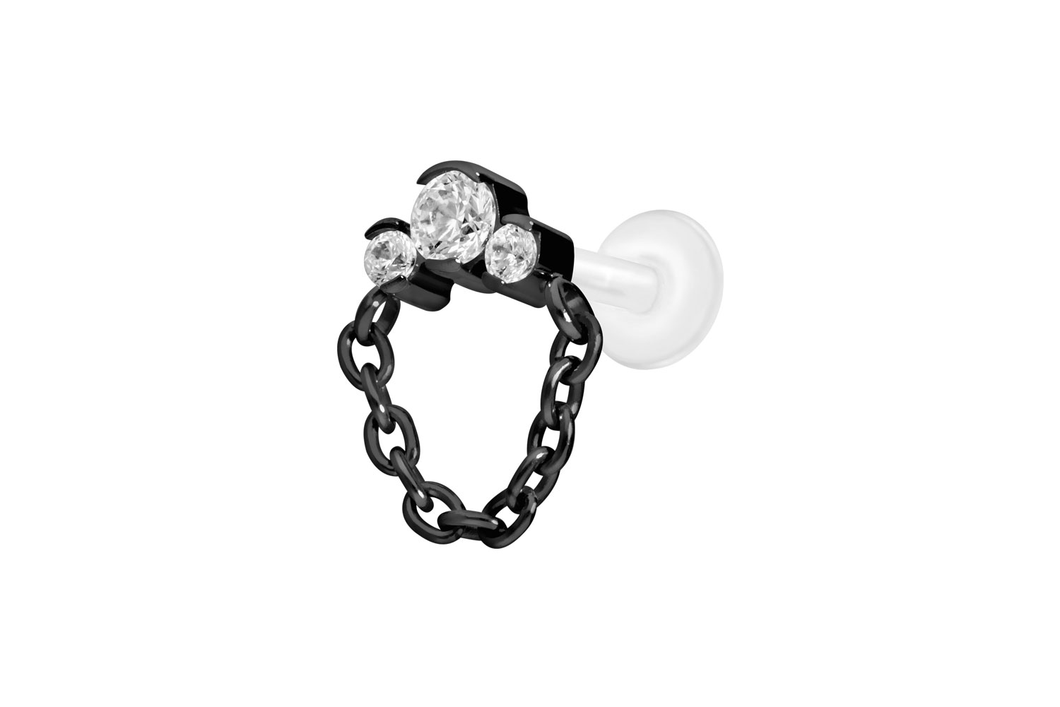 PTFE Labret mit Innengewinde + Titan-Aufsatz 3 EINGEFASSTE KRISTALLE + KETTE
