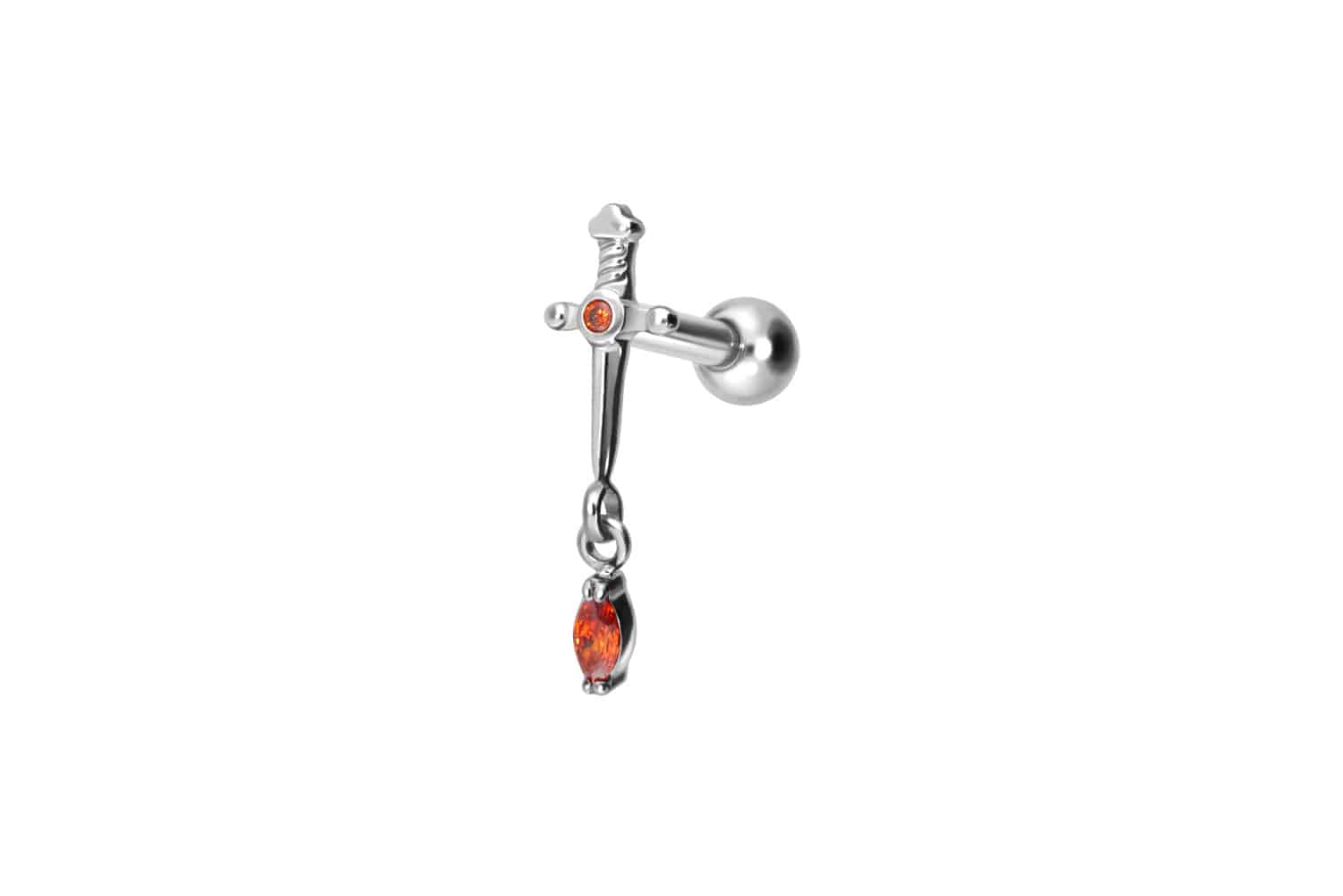 Titanium ear piercing with internal thread DAGGER + CRYSTAL DROP