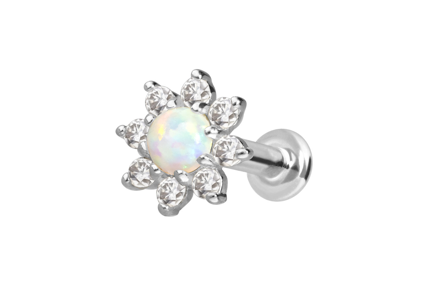 14 Karat Gold Labret mit Push Fit MOISSANIT-BLUME + SYNTHETISCHER OPAL
