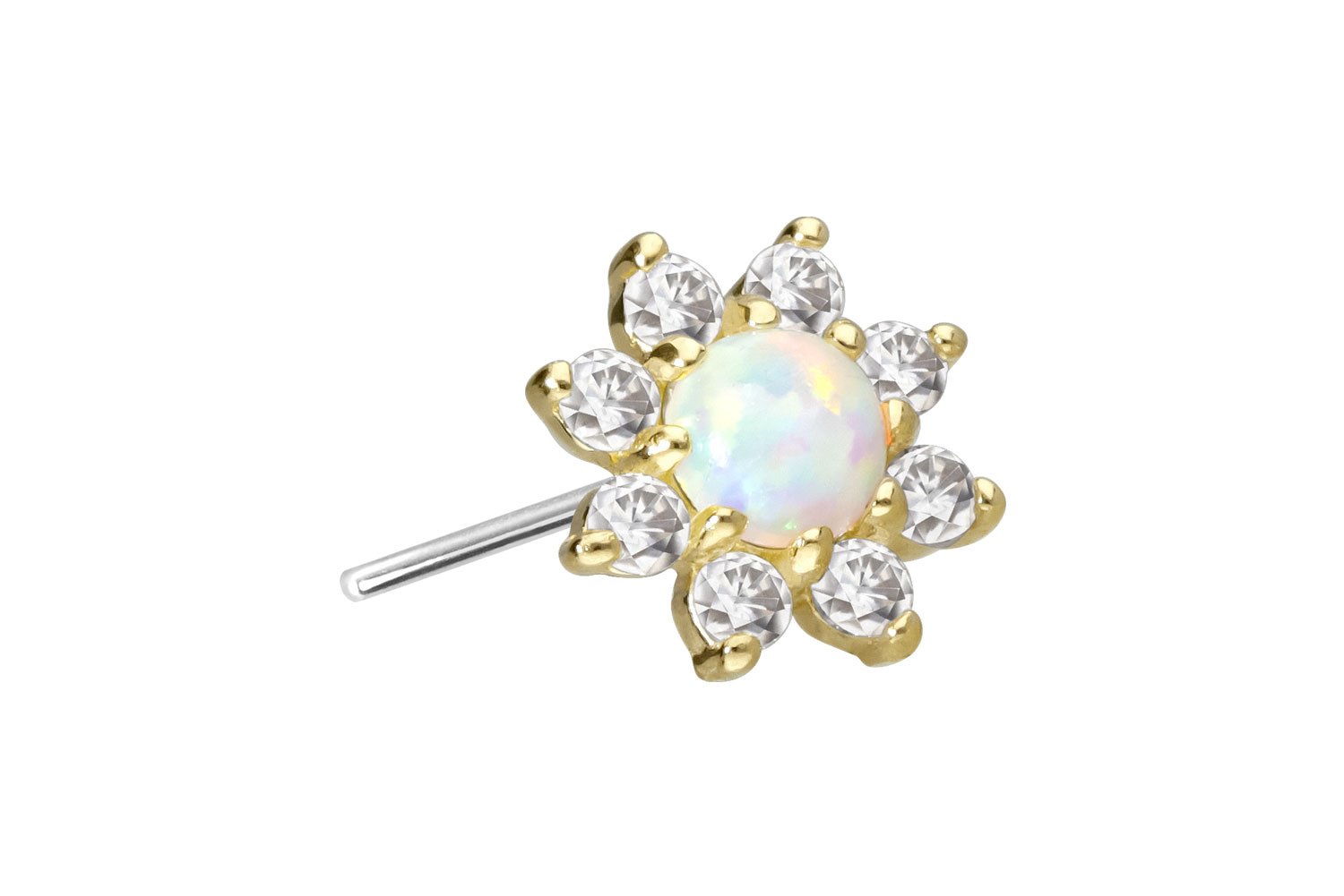 14 Karat Gold Aufsatz mit Titan Push Pin MOISSANIT-BLUME + SYNTHETISCHER OPAL 14 Karat Gold Aufsatz mit Titan Push Pin MOISSANIT-BLUME + SYNTHETISCHER OPAL