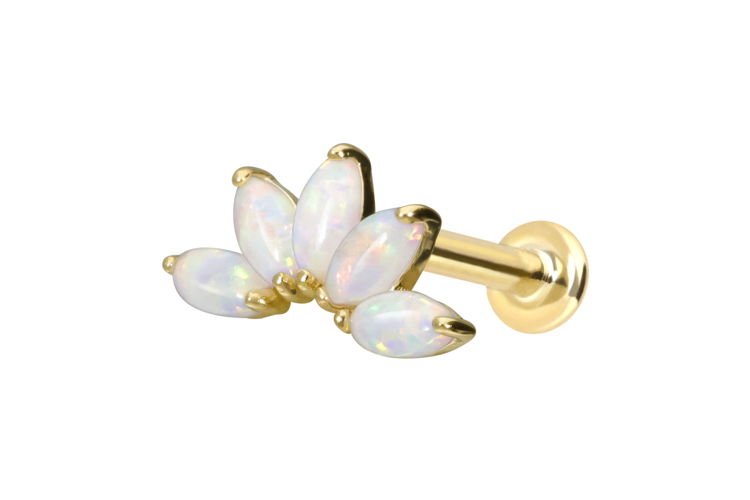 14 Karat Gold Labret mit Innengewinde LOTUSBLÜTE + SYNTHETISCHE OPALE