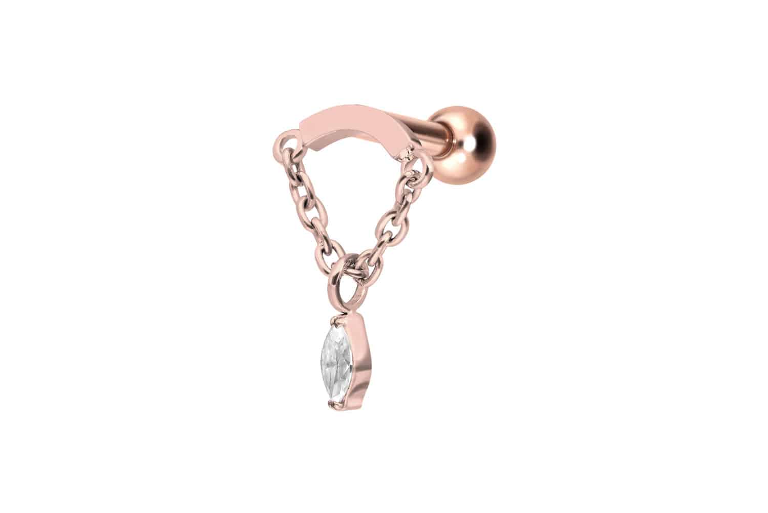 Titan Ohrpiercing mit Innengewinde BOGEN + KETTE + KRISTALLTROPFEN