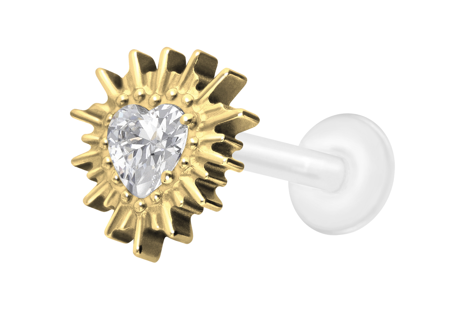PTFE labret with internal thread + titanium attachment CRYSTAL HEART + SUNRAYS
