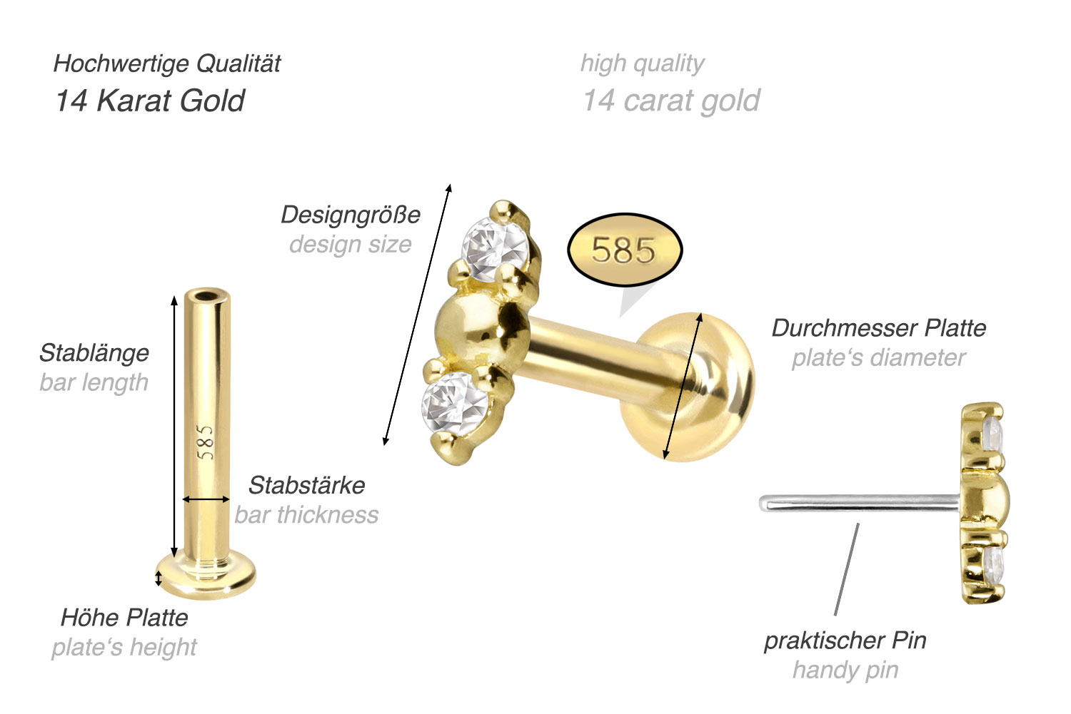 14 Karat Gold Labret mit Push Fit 2 MOISSANITE + KUGEL
