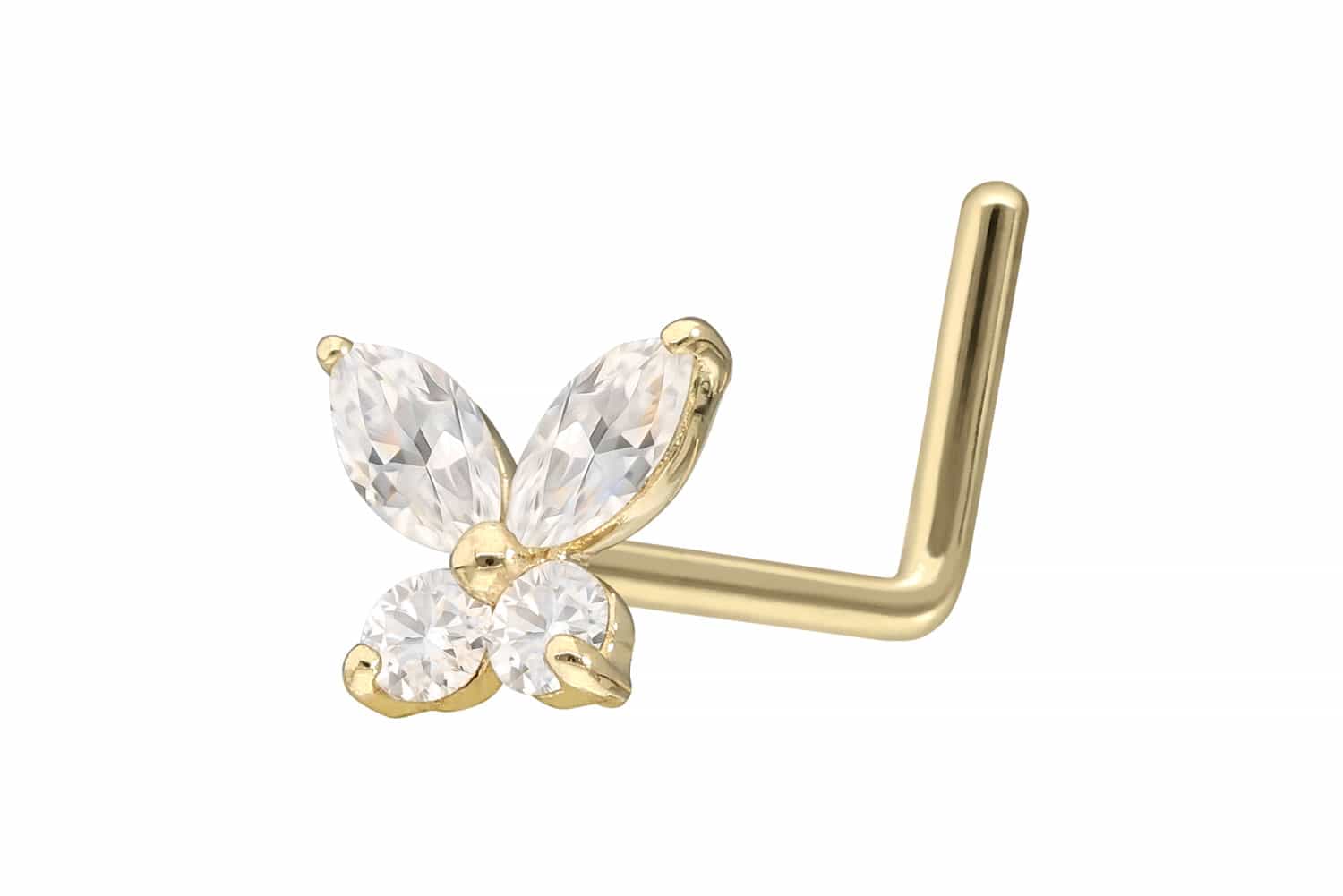 14/18 carat gold nose stud L-form MOISSANITE BUTTERFLY