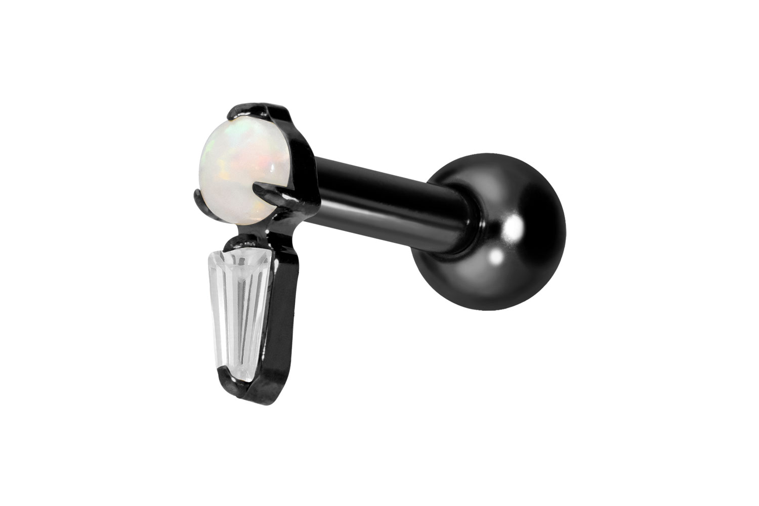 Titanium ear piercing with internal thread SYNTHETIC OPAL + CRYSTAL RECTANGLE