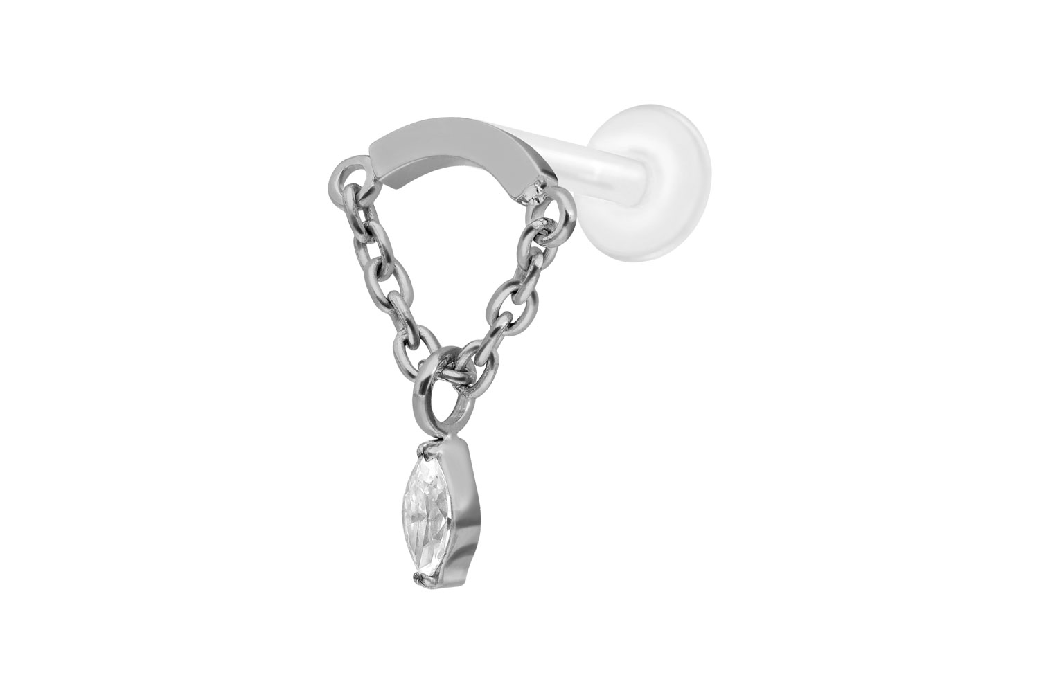 PTFE Labret mit Innengewinde + Titan-Aufsatz BOGEN + KETTE + KRISTALLTROPFEN