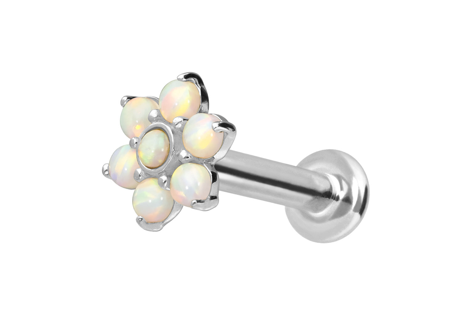 14 carat labret with internal thread FLOWER + 7 SYNTHETIC OPALS