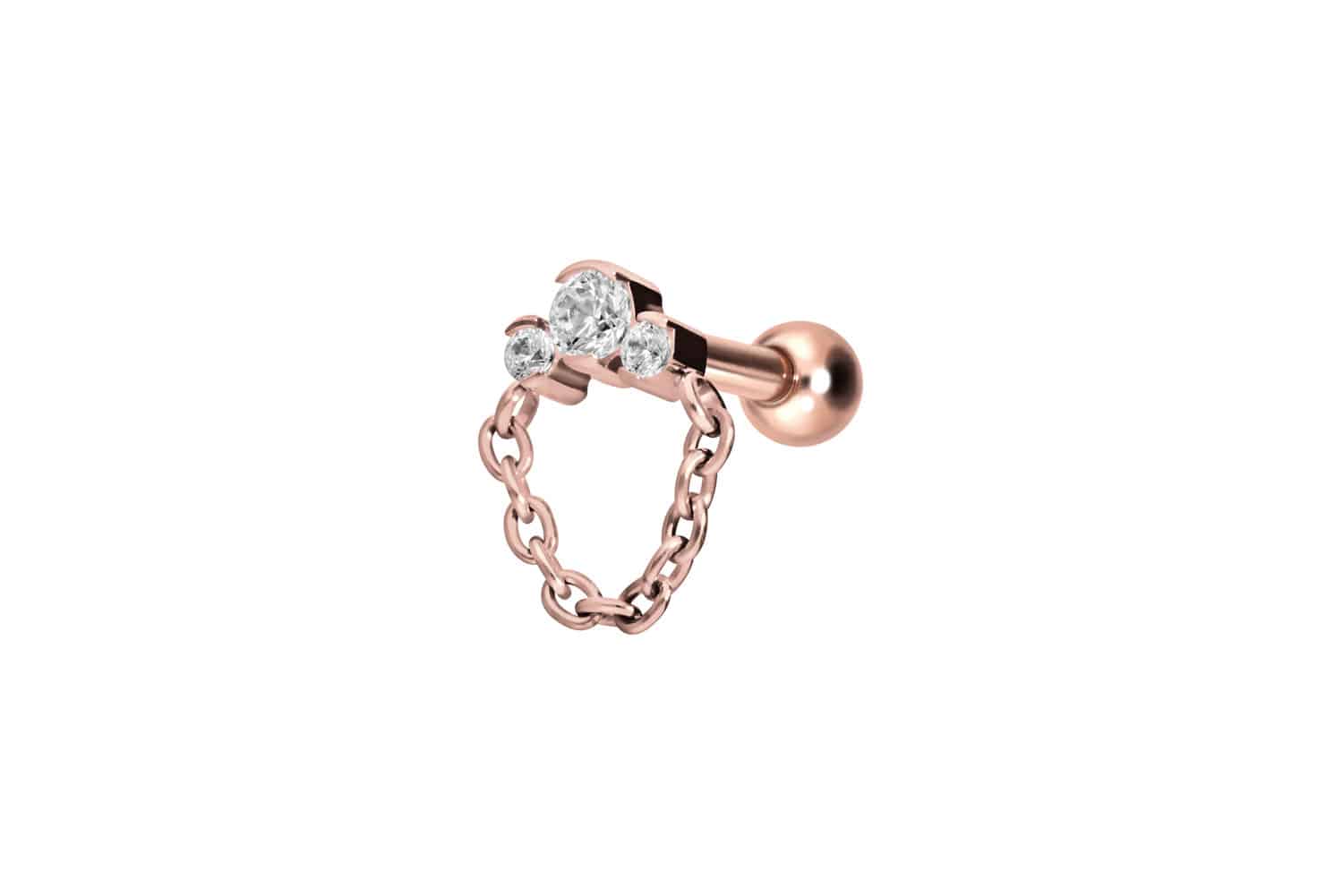 Titan Ohrpiercing mit Innengewinde 3 EINGEFASSTE KRISTALLE + KETTE