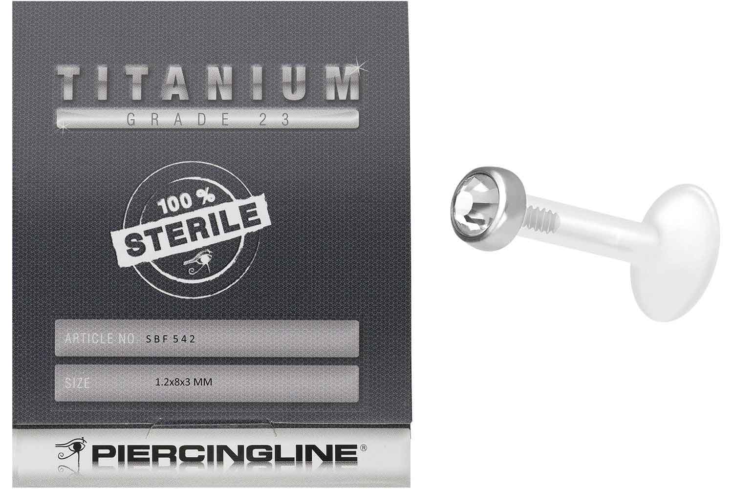 Sterilisiertes PMFK Labret mit Innengewinde + Titan-Disc KRISTALL