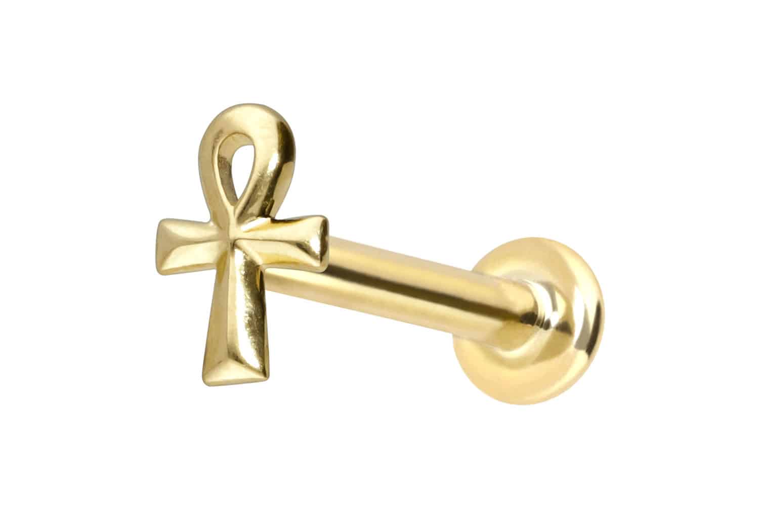 14 Karat Gold Labret mit Innengewinde ÄGYPTISCHES KREUZ