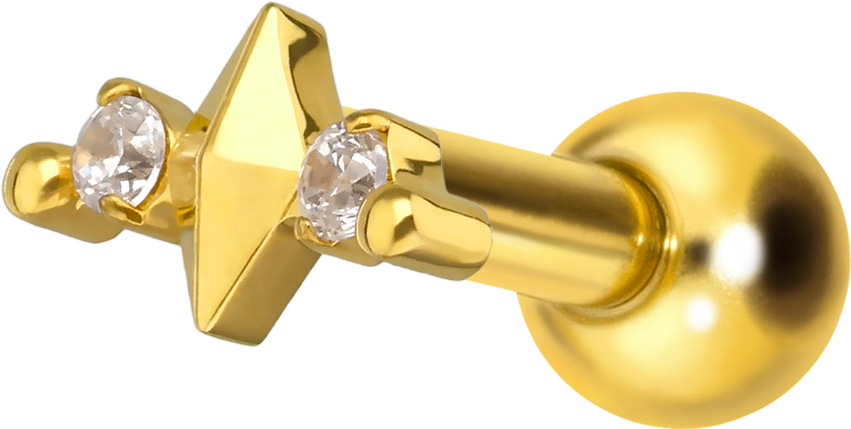 Titanium ear piercing with internal thread RHOMBUS + 2 CRYSTALS