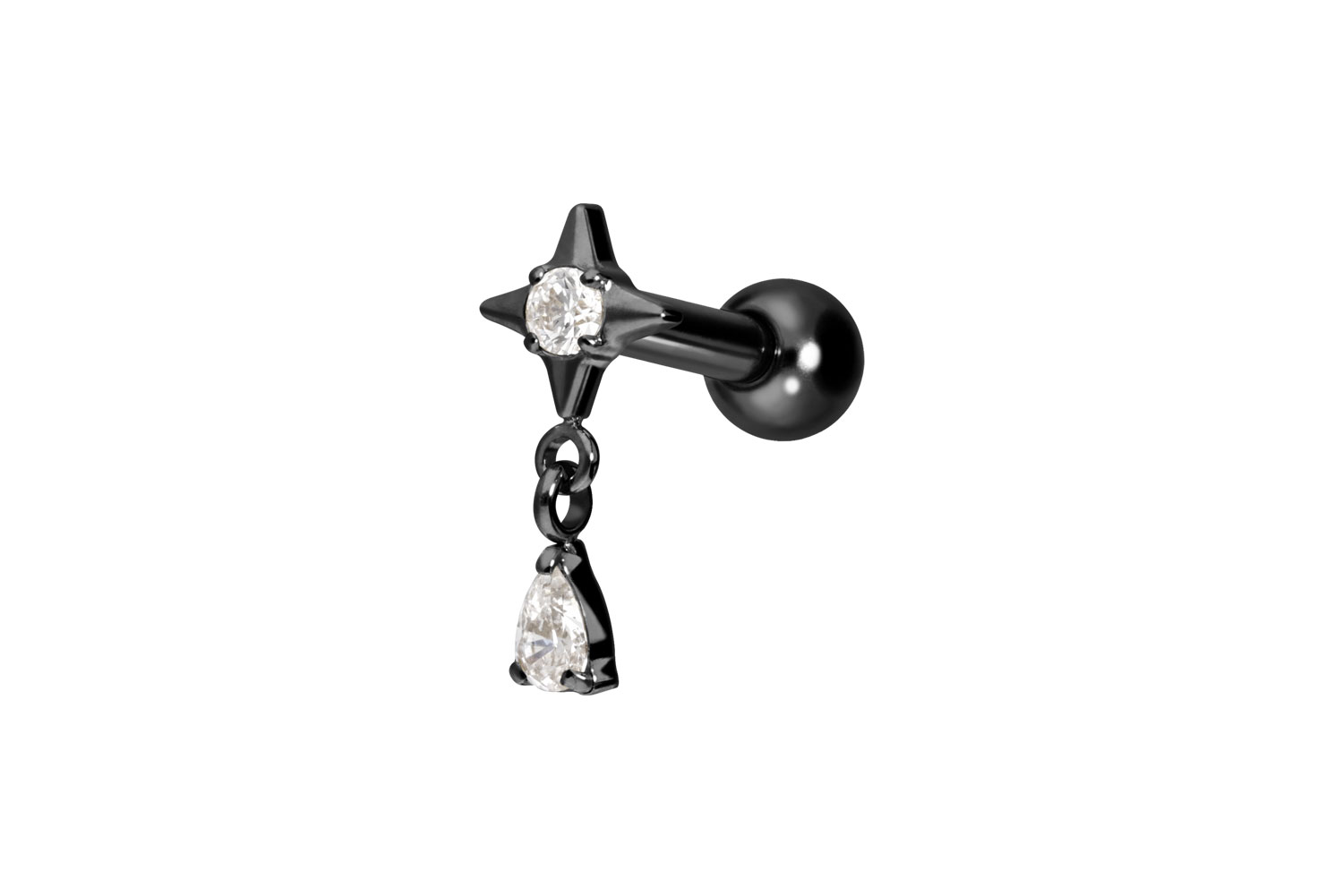 Titanium ear piercing with internal thread STAR + CRYSTAL DROP