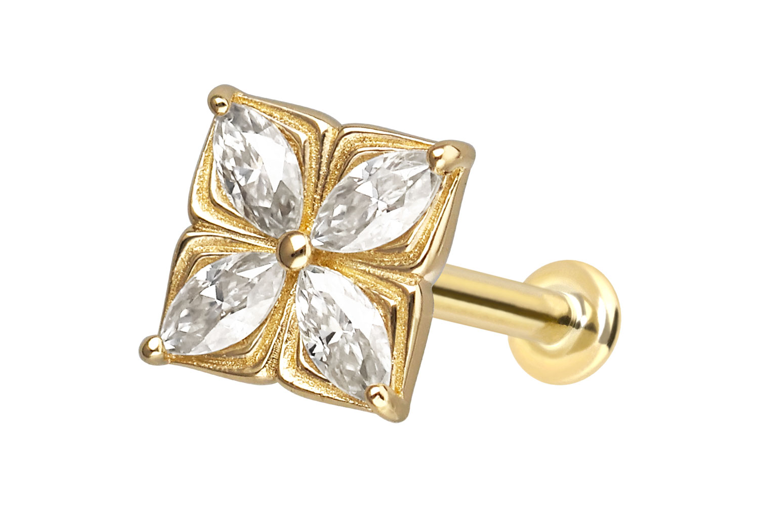 14 carat gold labret with push fit MOISSANITE FLOWER