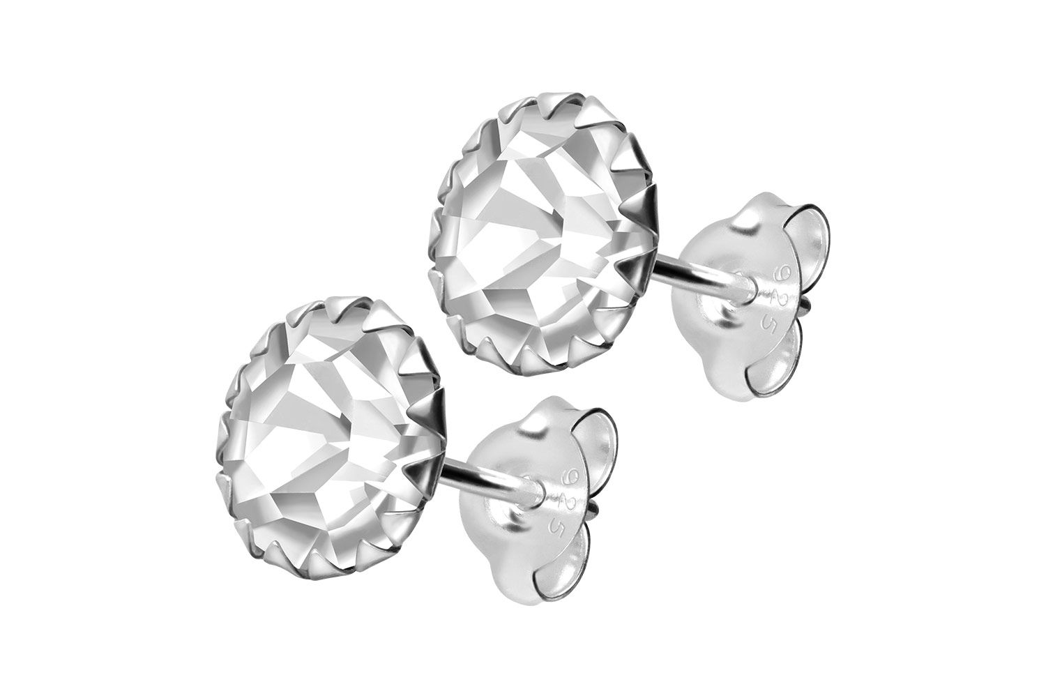 925er Silber Ohrstecker PLATINIERT + RUNDER KRISTALL